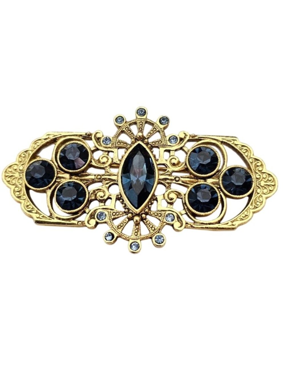 1928 Brand Blue Rhinestone Bar Brooch Fleur Pin J800